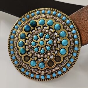 Landes Leather Belt With "Turquoise-Look Embellished Belt Buckle